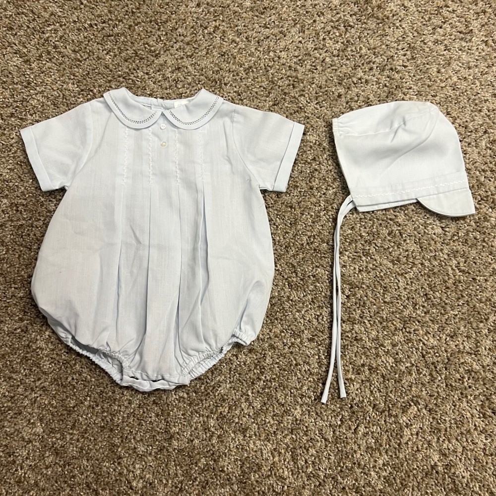 Petit Ami Baby Boy Blue Embroidered Bubble Romper and Bonnet Set NB Newborn